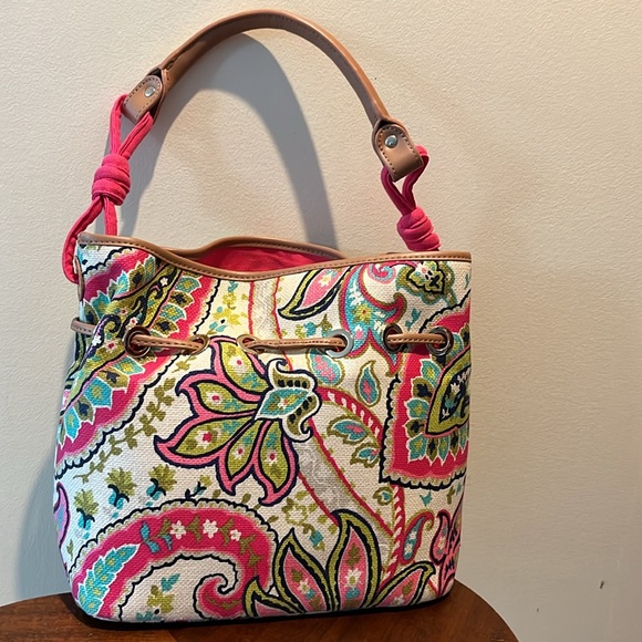 Spartina  Linen natural  shoulder bag   heavy duty  leather trim  hot pink/cream - Picture 10 of 17